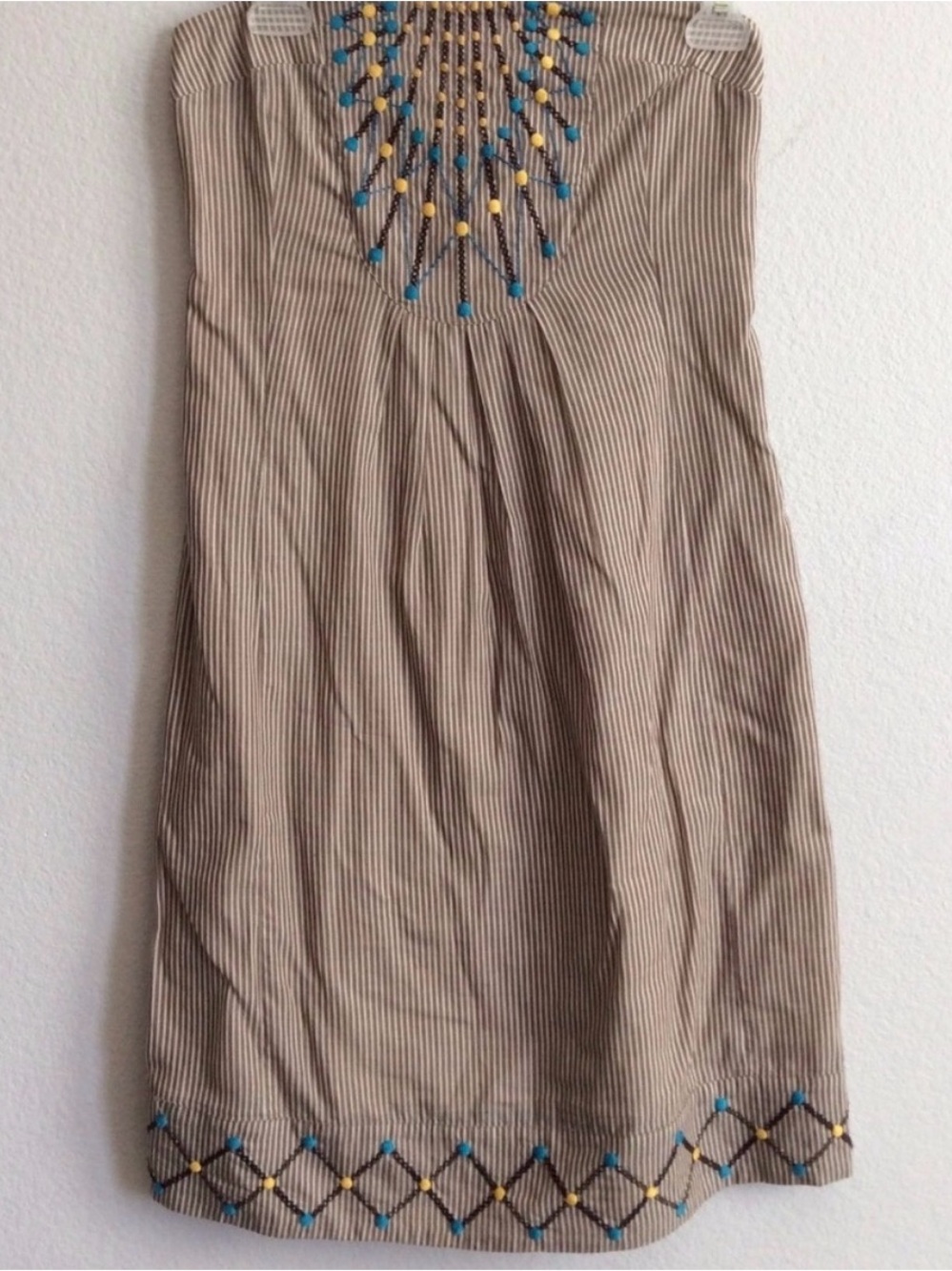 Anthropologie Maeve Strapless Tan and Cream Embroidered Pattern Dress